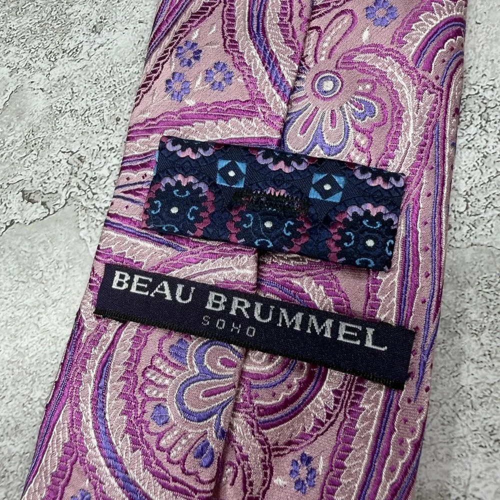 Beau Brummel‎ Silk Tie Mens One Size Pink Paisley Pointed Embroidered Necktie